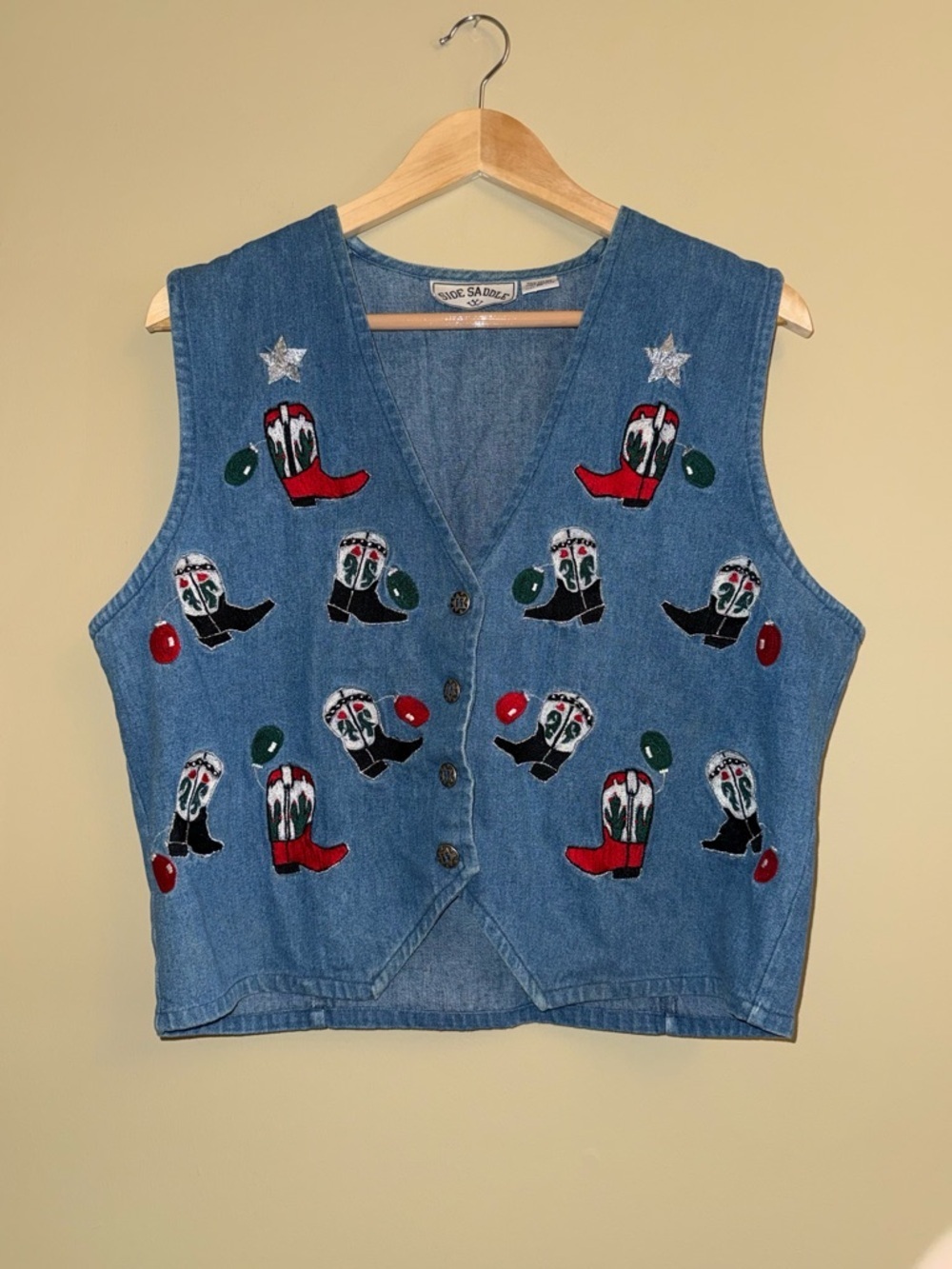 Vintage 90’s Side Saddle Denim Vest XL Embroidery Cowboy Boots Western Country